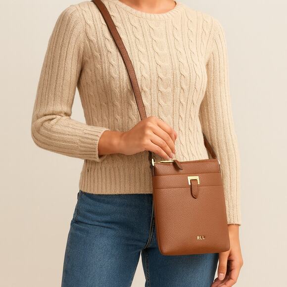 Lauren Ralph Lauren Brown Pebbled Faux Leather Crossbody Bag Gold Accents - Picture 1 of 8
